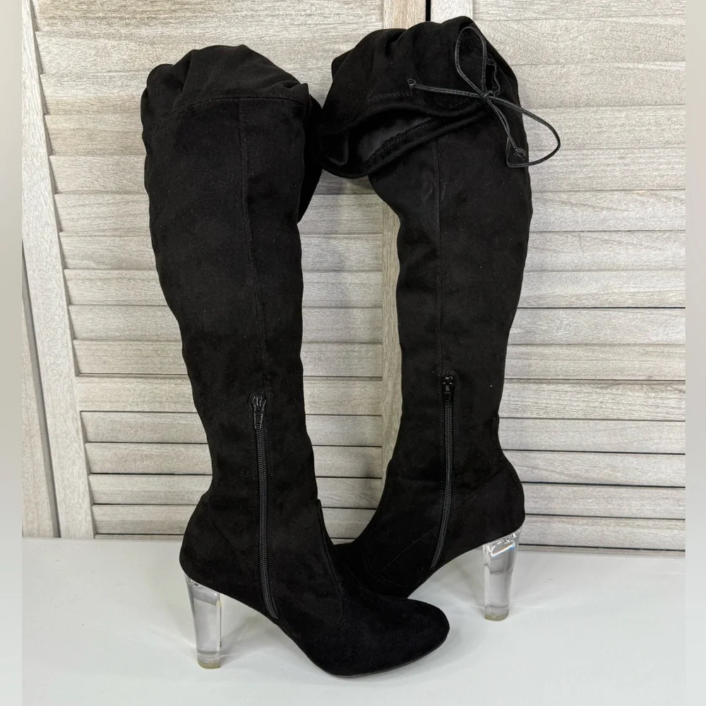 WILD DIVA (Lounge) Amaya Over the Knee Faux Suede Clear Heel Boots Black-8